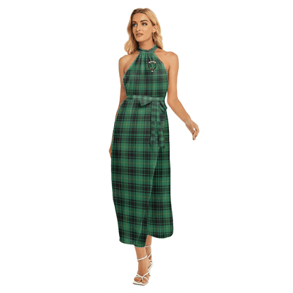 MacArthur Ancient Tartan Crest Wrap Hem Belted Halter Dress