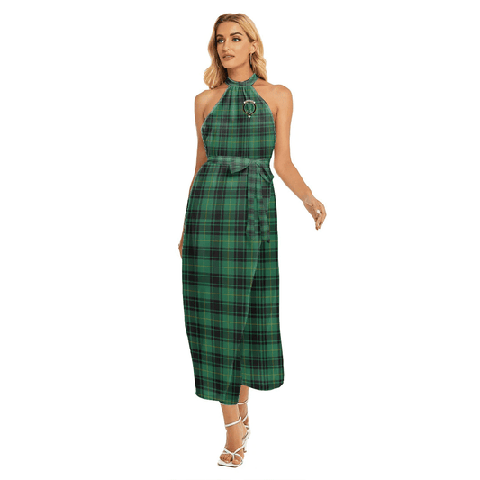 MacArthur Ancient Tartan Crest Wrap Hem Belted Halter Dress