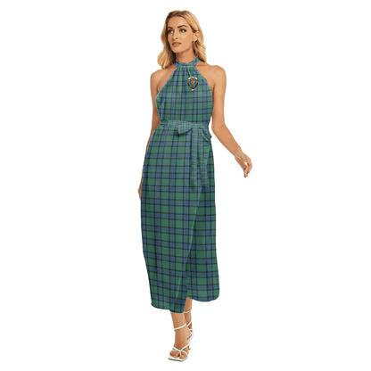 Sinclair Hunting Ancient Tartan Crest Wrap Hem Belted Halter Dress