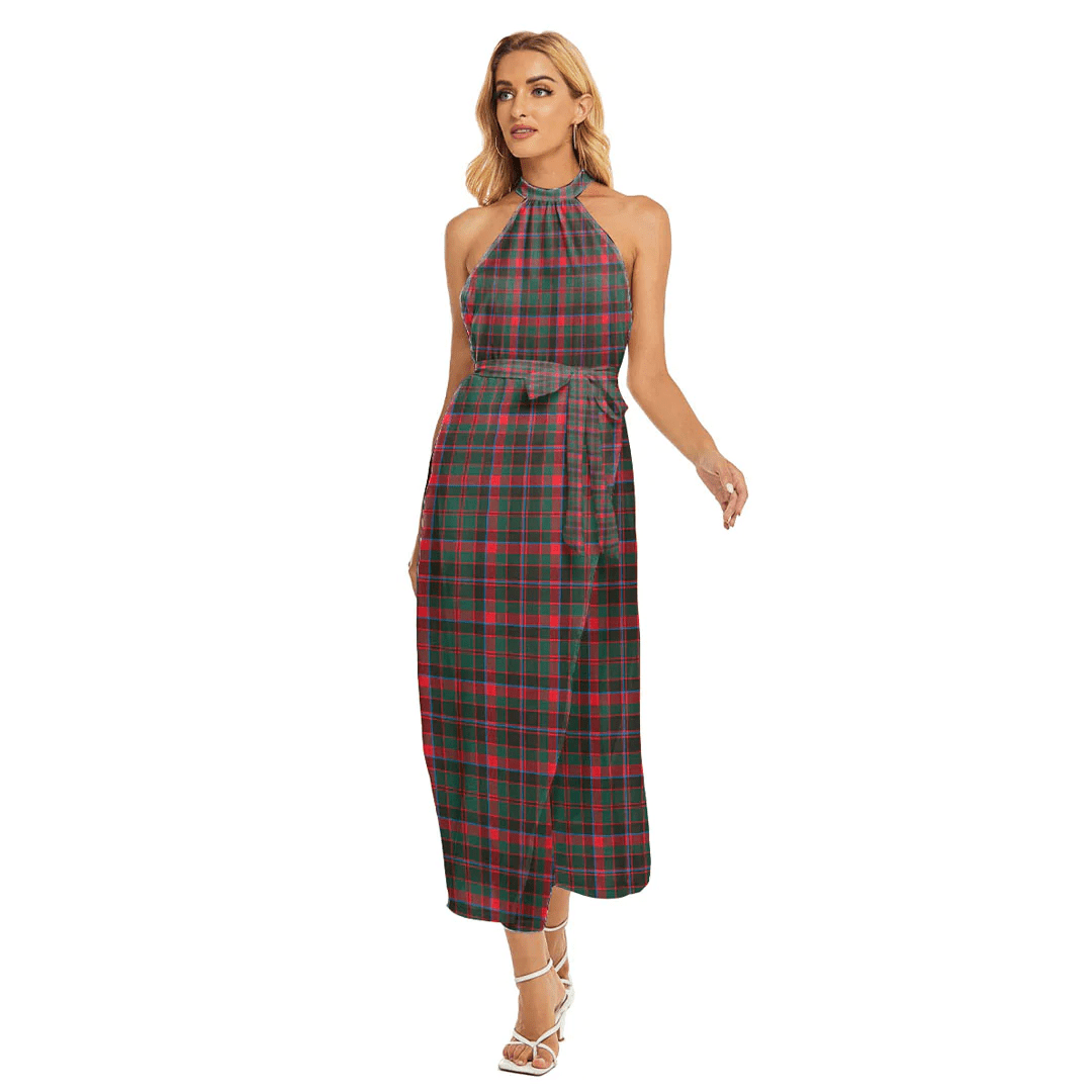 Cumming Hunting Modern Tartan Plaid Wrap Hem Belted Halter Dress