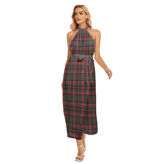 Cumming Hunting Modern Tartan Plaid Wrap Hem Belted Halter Dress