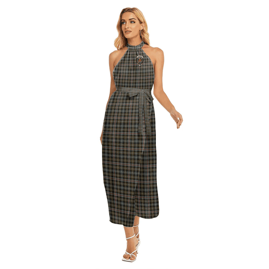 MacKenzie Weathered Tartan Crest Wrap Hem Belted Halter Dress