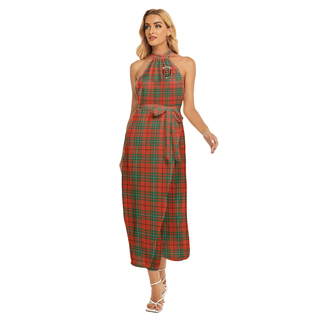 MacAulay Ancient Tartan Crest Wrap Hem Belted Halter Dress