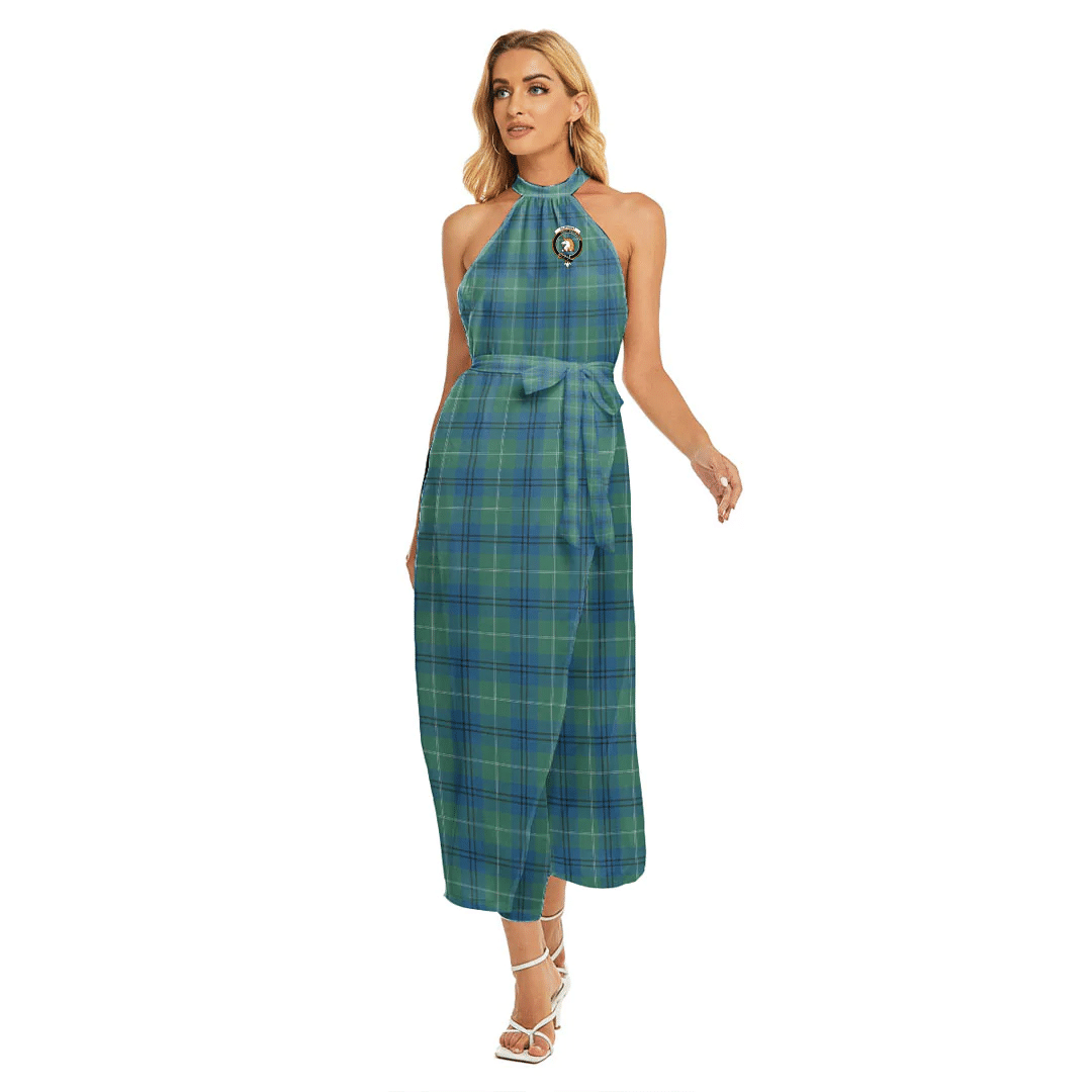 Oliphant Ancient Tartan Crest Wrap Hem Belted Halter Dress