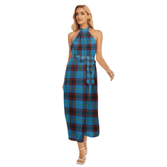 Home Ancient Tartan Plaid Wrap Hem Belted Halter Dress