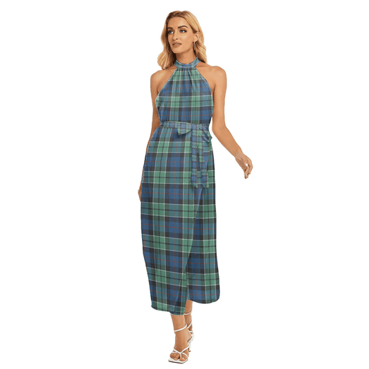 Leslie Hunting Ancient Tartan Plaid Wrap Hem Belted Halter Dress