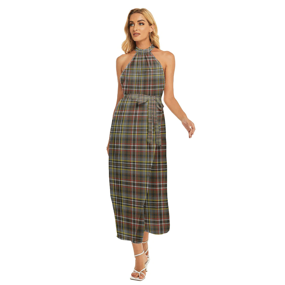 SCOTT GREEN WEATHERED Tartan Plaid Wrap Hem Belted Halter Dress