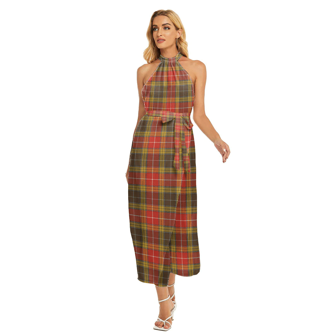 Buchanan Old Set Weathered Tartan Plaid Wrap Hem Belted Halter Dress