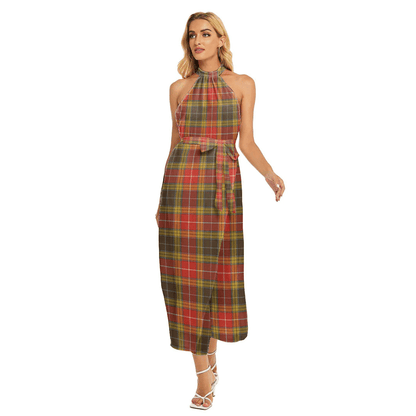 Buchanan Old Set Weathered Tartan Plaid Wrap Hem Belted Halter Dress