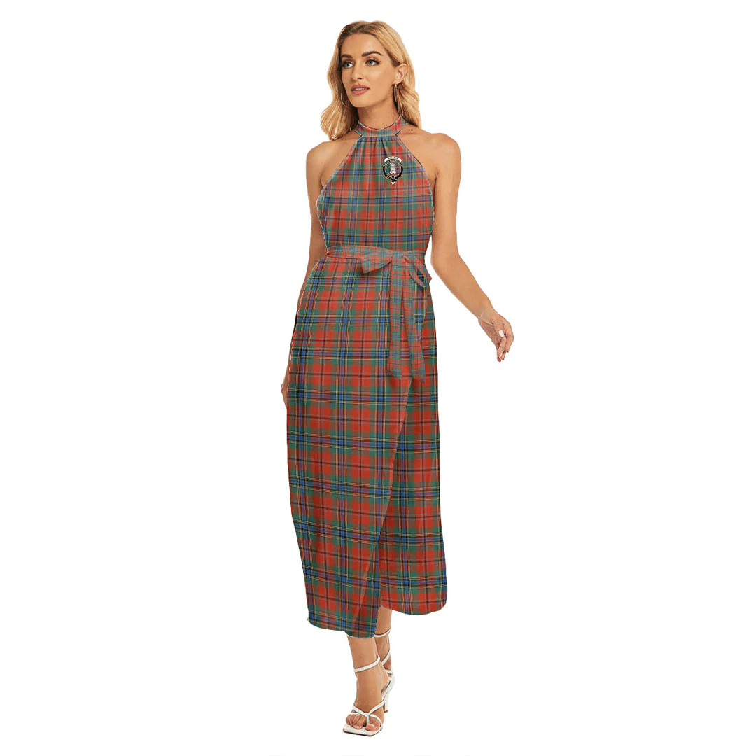 MacLean of Duart Ancient Tartan Crest Wrap Hem Belted Halter Dress