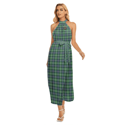 MacThomas Ancient Tartan Crest Wrap Hem Belted Halter Dress