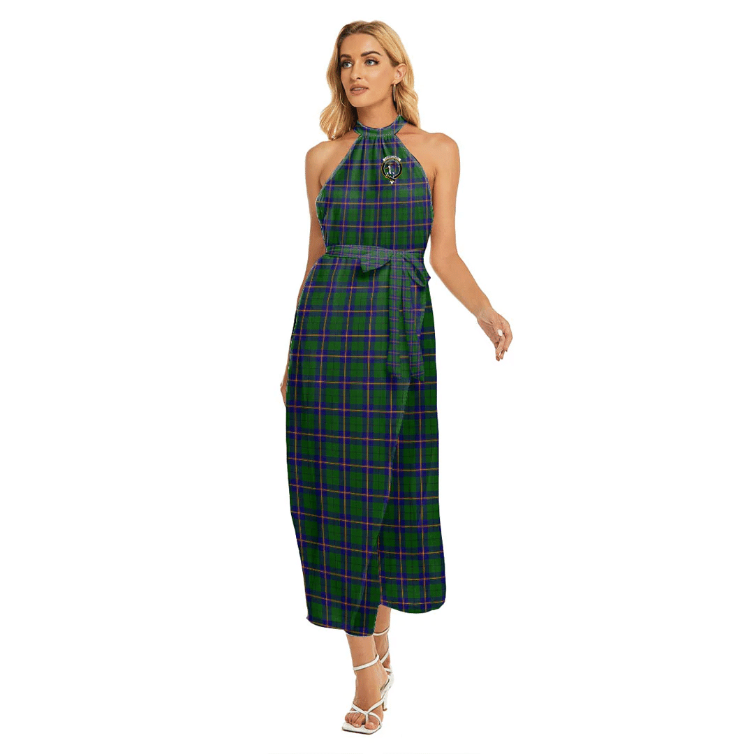 Carmichael Modern Tartan Crest Wrap Hem Belted Halter Dress