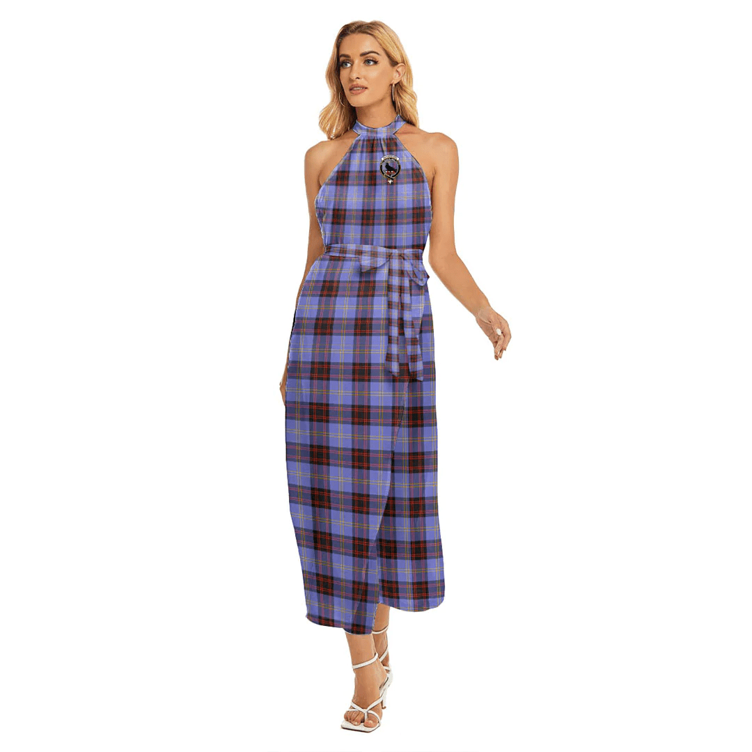 Rutherford Tartan Crest Wrap Hem Belted Halter Dress