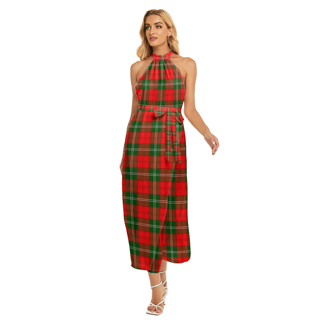 Lennox Modern Tartan Plaid Wrap Hem Belted Halter Dress