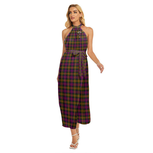 Carnegie Modern Tartan Crest Wrap Hem Belted Halter Dress