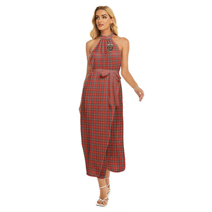 Fraser Weathered Tartan Crest Wrap Hem Belted Halter Dress