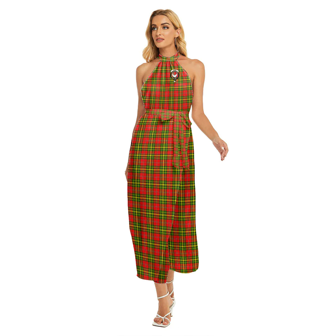 Leask Tartan Crest Wrap Hem Belted Halter Dress