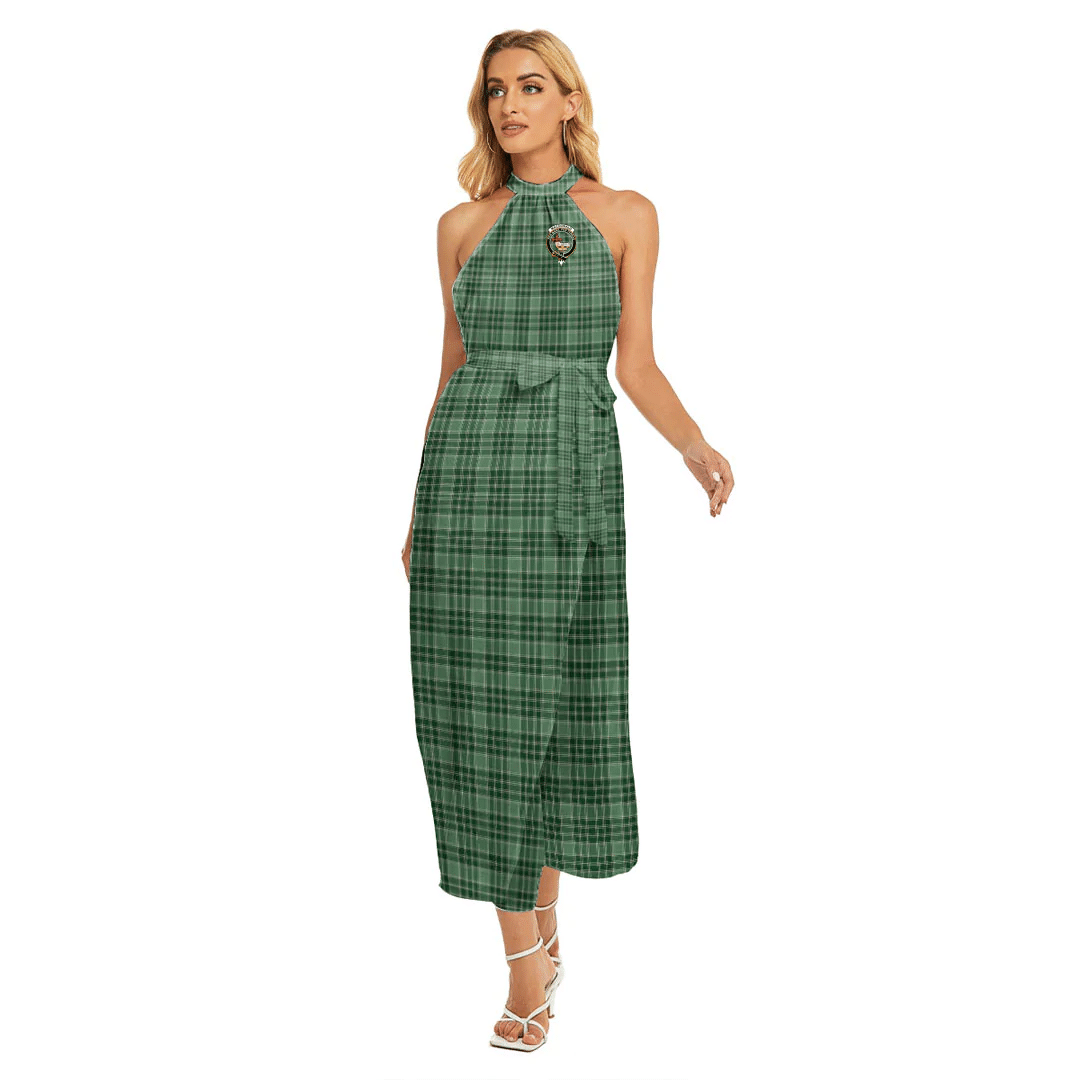 MacDonald Lord of the Isles Hunting Tartan Crest Wrap Hem Belted Halter Dress