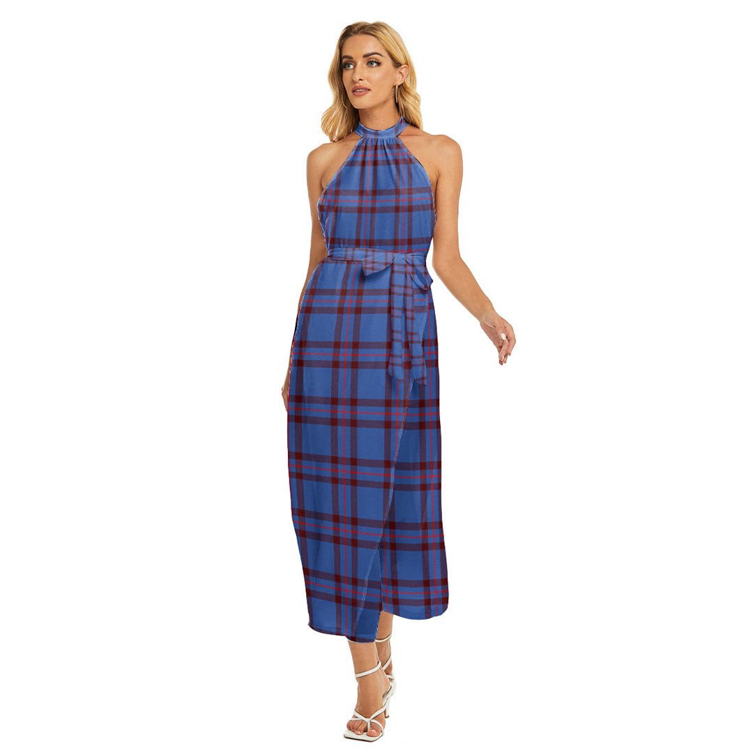 Elliot Modern Tartan Plaid Wrap Hem Belted Halter Dress