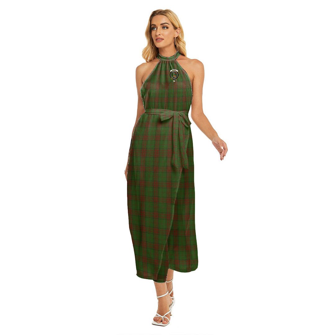 Maxwell Hunting Tartan Crest Wrap Hem Belted Halter Dress