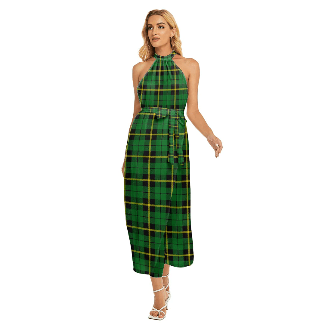 Wallace Hunting Green Tartan Plaid Wrap Hem Belted Halter Dress