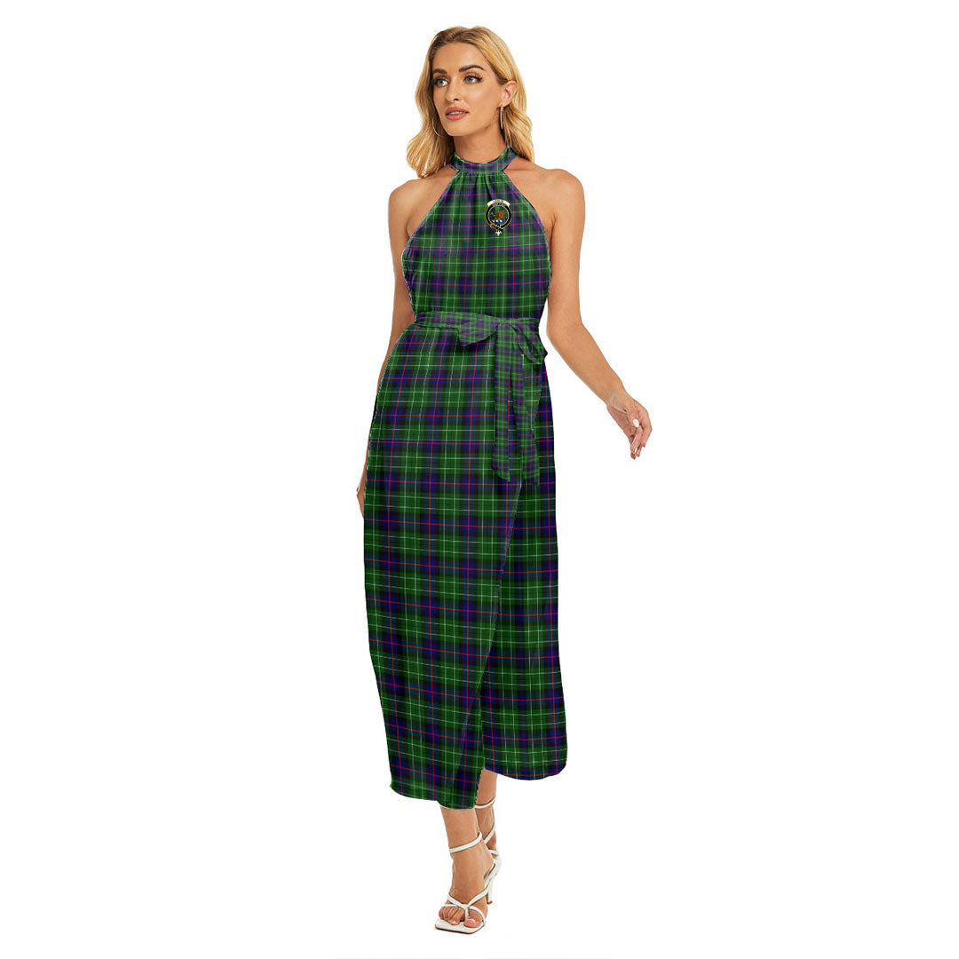 Leslie Hunting Tartan Crest Wrap Hem Belted Halter Dress