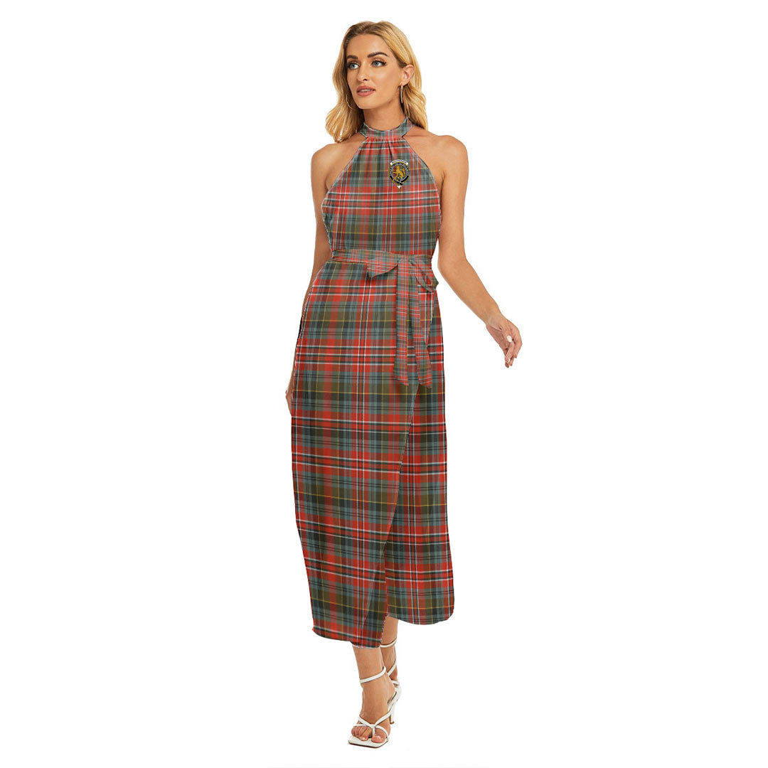 MacPherson Weathered Tartan Crest Wrap Hem Belted Halter Dress