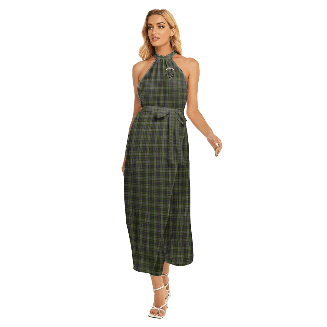 Davidson Tulloch Dress Tartan Crest Wrap Hem Belted Halter Dress