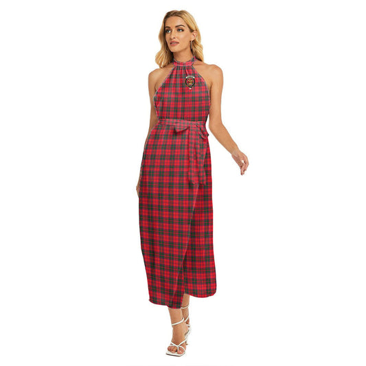 Drummond Modern Tartan Crest Wrap Hem Belted Halter Dress