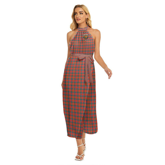 Sinclair Ancient Tartan Crest Wrap Hem Belted Halter Dress