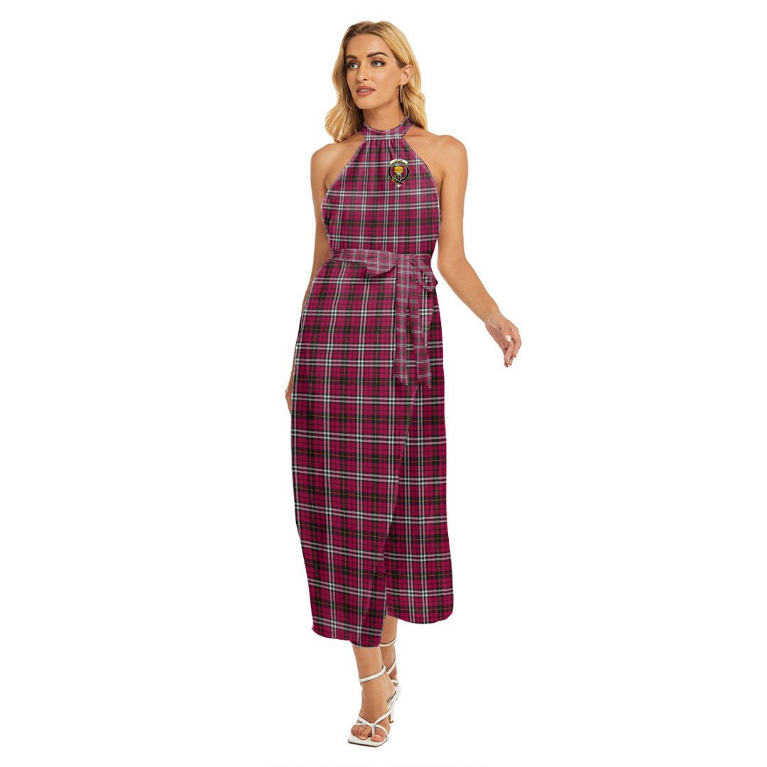 Little Tartan Crest Wrap Hem Belted Halter Dress