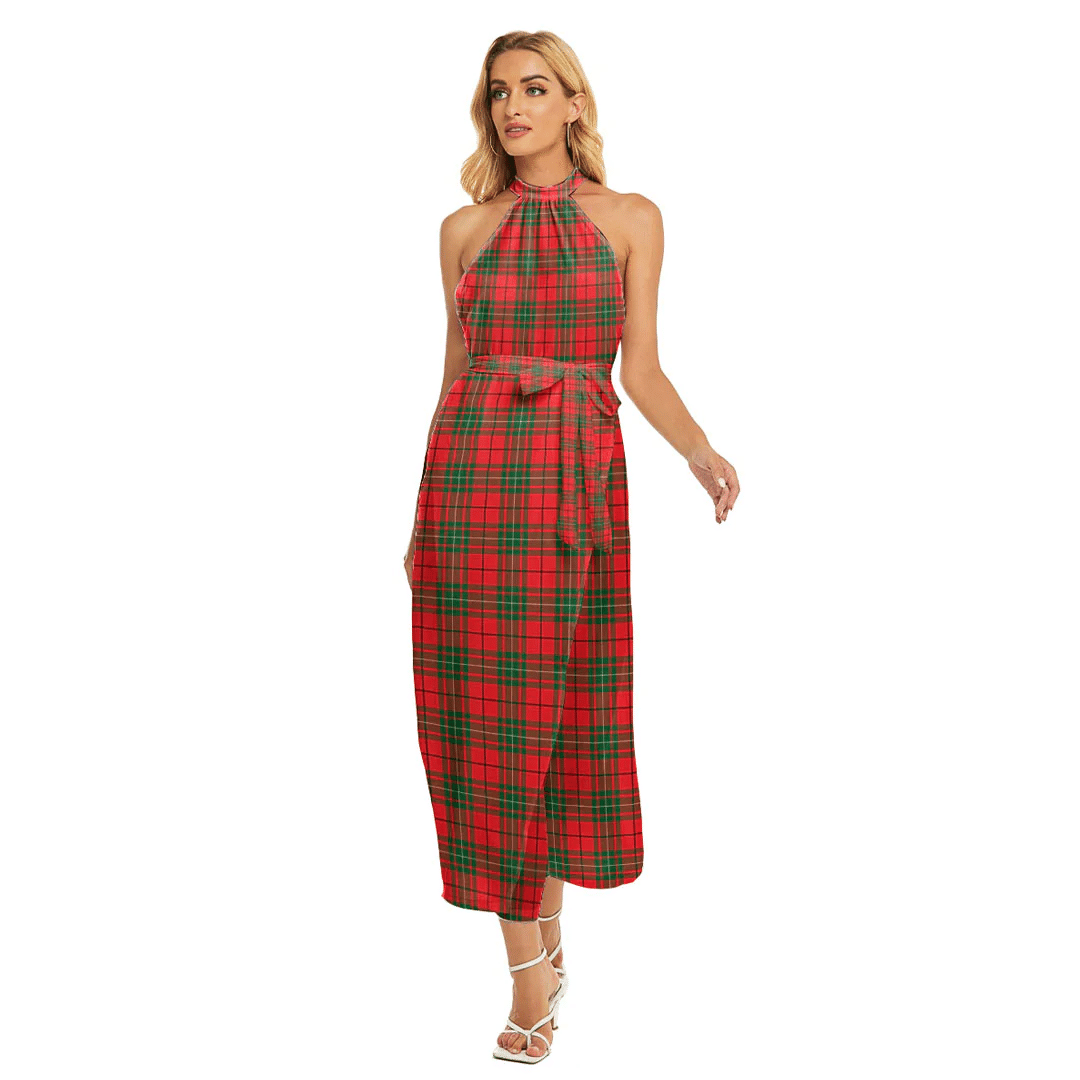 MacAulay Modern Tartan Plaid Wrap Hem Belted Halter Dress