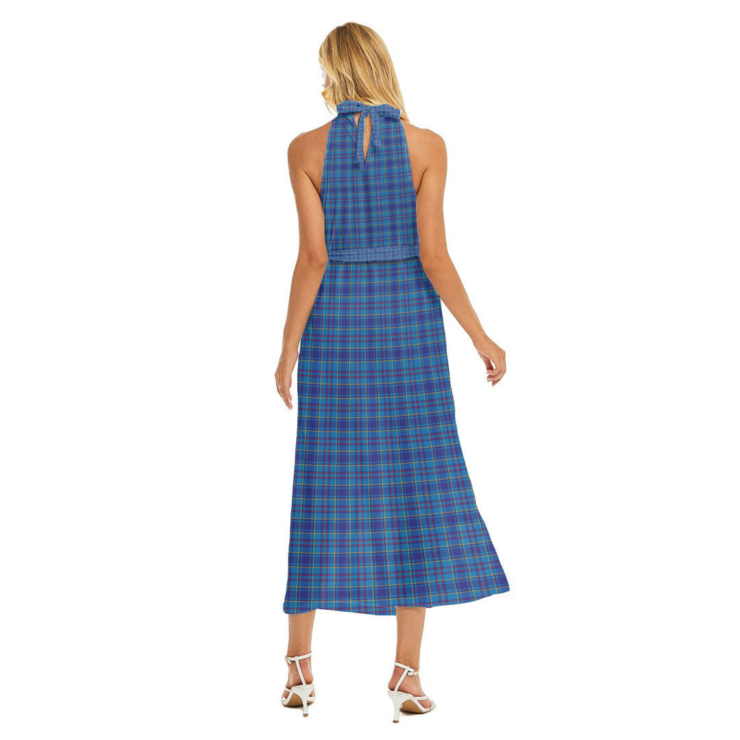 Mercer Modern Tartan Crest Wrap Hem Belted Halter Dress