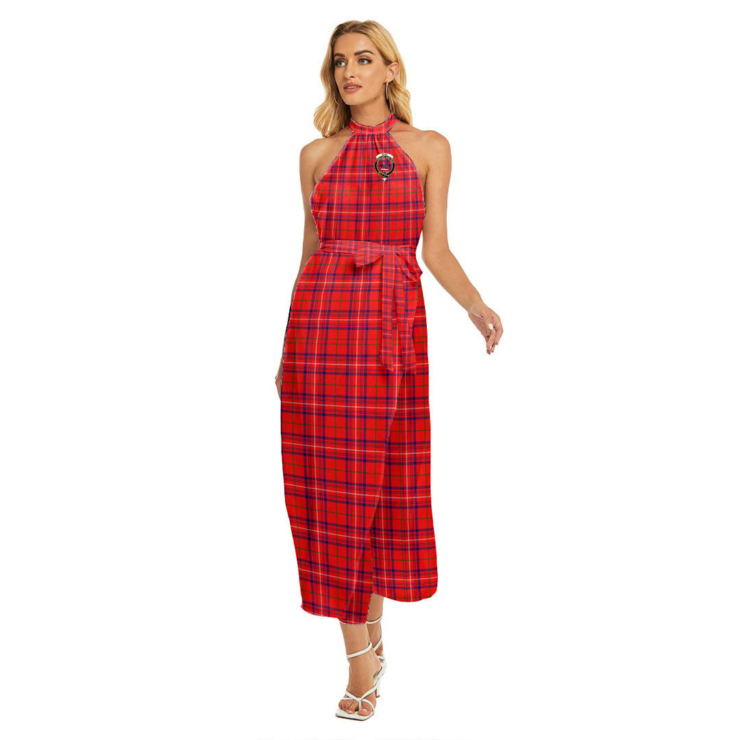 Rose Modern Tartan Crest Wrap Hem Belted Halter Dress