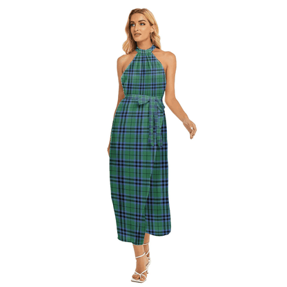 Keith Ancient Tartan Plaid Wrap Hem Belted Halter Dress