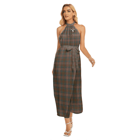 Kennedy Weathered Tartan Crest Wrap Hem Belted Halter Dress