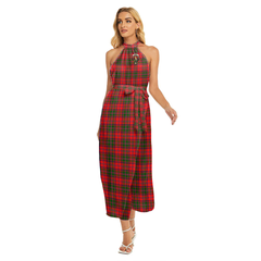 Stewart of Appin Modern Tartan Crest Wrap Hem Belted Halter Dress