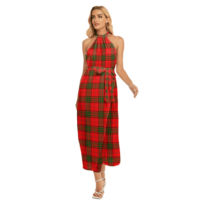 Maxwell Modern Tartan Plaid Wrap Hem Belted Halter Dress