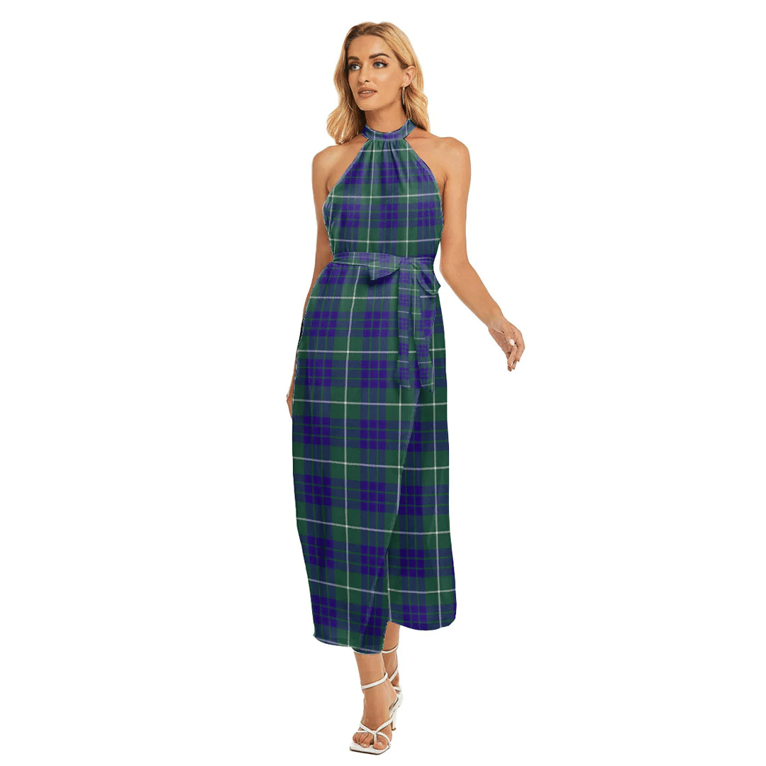 Hamilton Hunting Modern Tartan Plaid Wrap Hem Belted Halter Dress