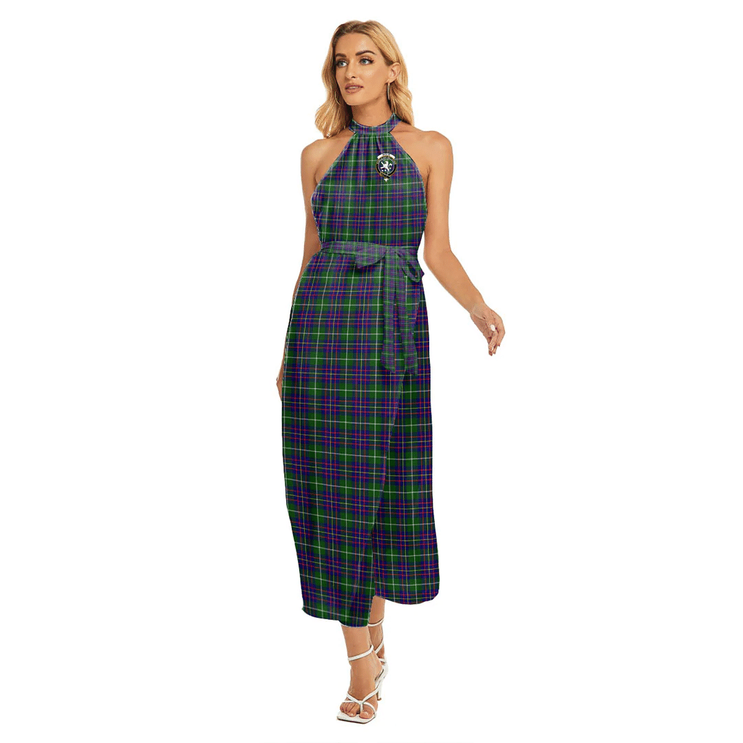 Inglis Modern Tartan Crest Wrap Hem Belted Halter Dress