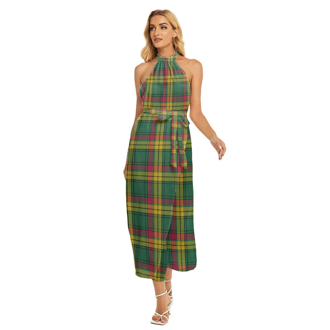 MacMillan Old Ancient Tartan Plaid Wrap Hem Belted Halter Dress