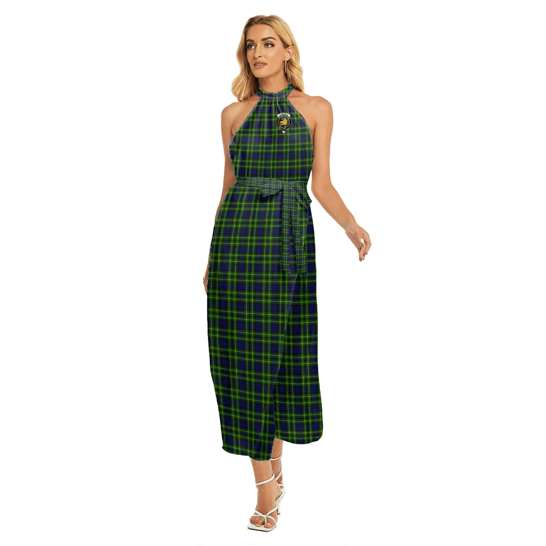 Campbell of Breadalbane Modern Tartan Crest Wrap Hem Belted Halter Dress