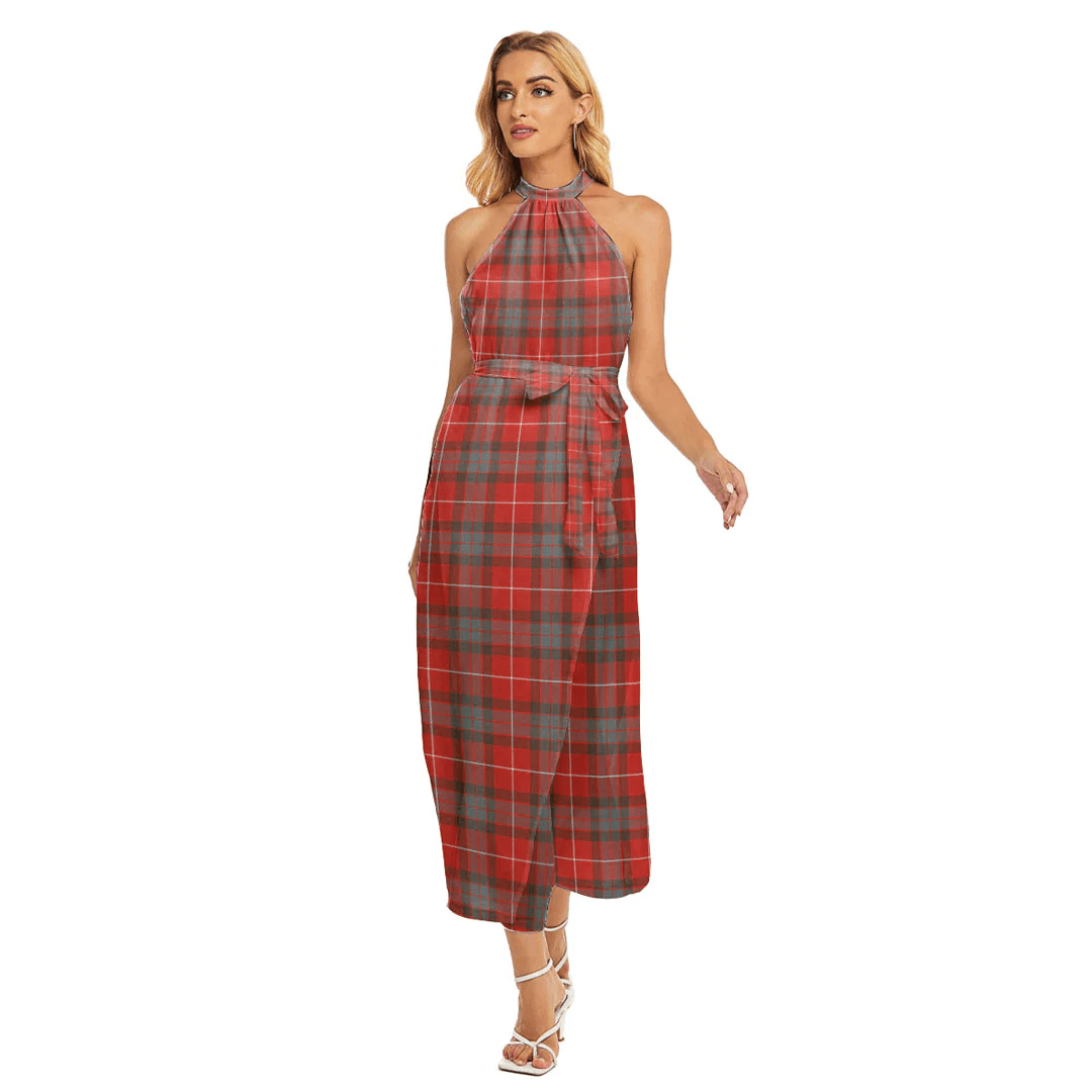 Fraser Weathered Tartan Plaid Wrap Hem Belted Halter Dress