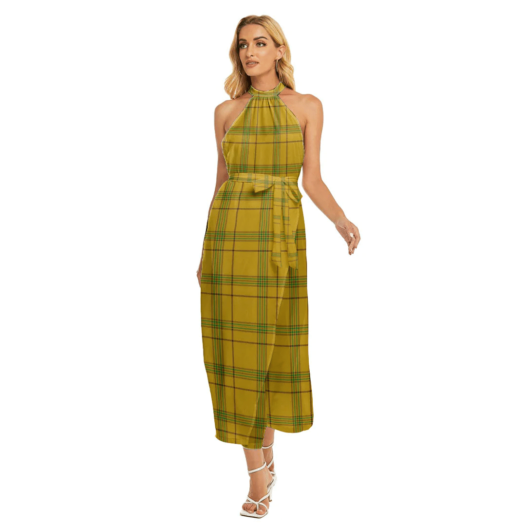 Houston Tartan Plaid Wrap Hem Belted Halter Dress