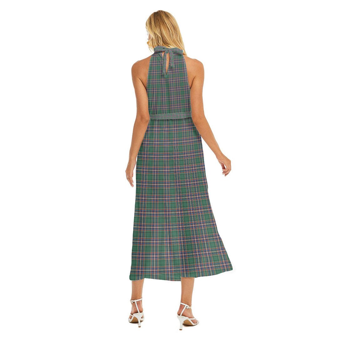 MacFarlane Hunting Ancient Tartan Crest Wrap Hem Belted Halter Dress