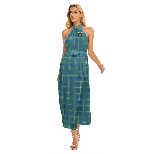 Hamilton Hunting Ancient Tartan Crest Wrap Hem Belted Halter Dress