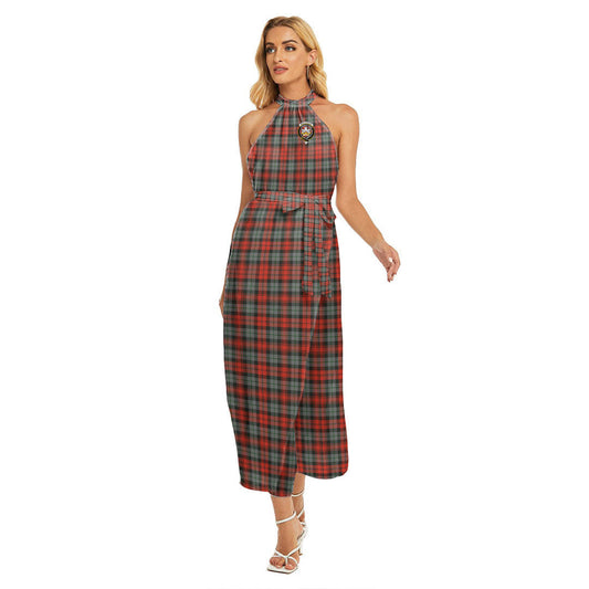 MacLachlan Weathered Tartan Crest Wrap Hem Belted Halter Dress