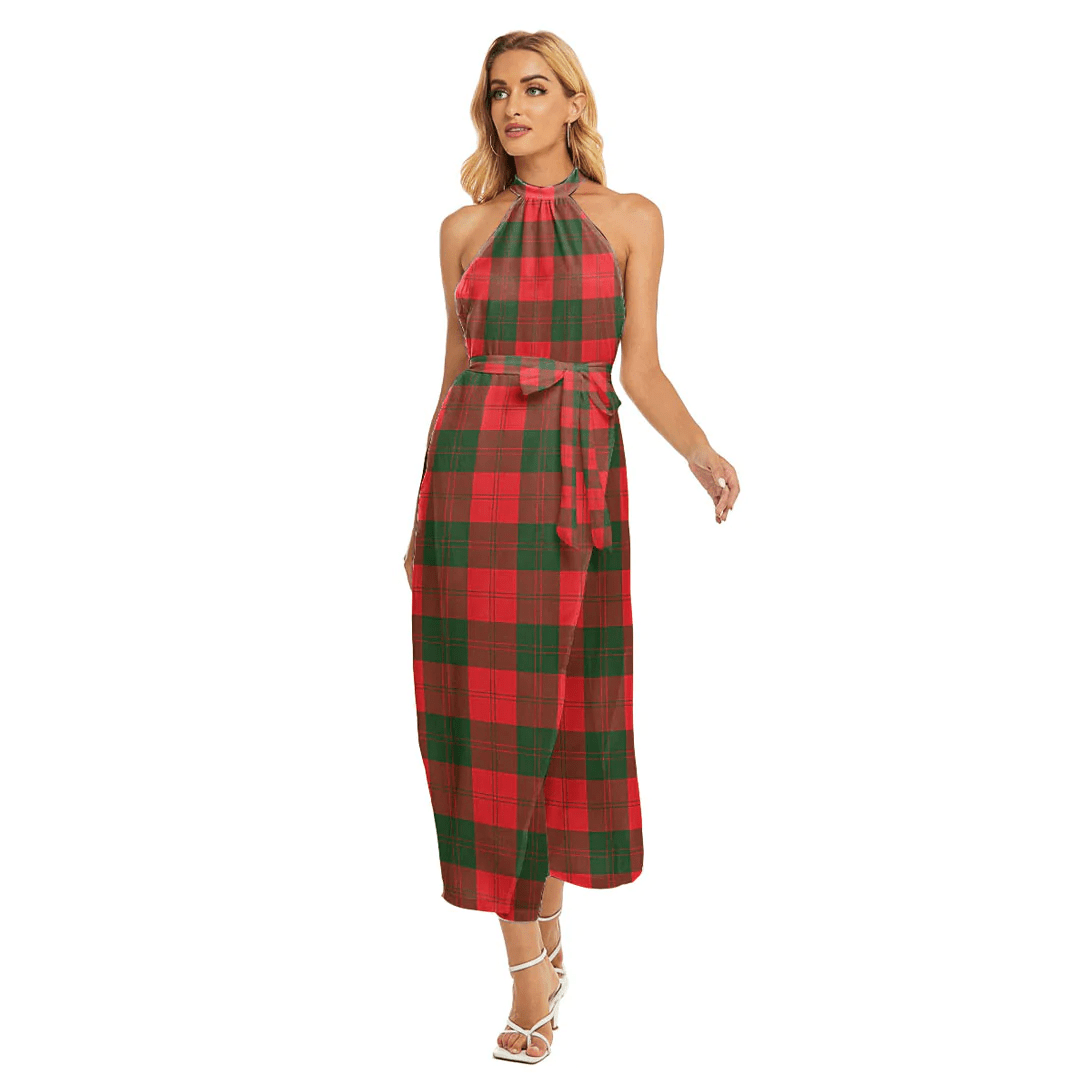 Erskine Modern Tartan Plaid Wrap Hem Belted Halter Dress