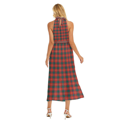 Chisholm Ancient Tartan Crest Wrap Hem Belted Halter Dress