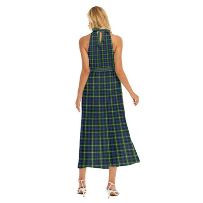 Baillie Modern Tartan Crest Wrap Hem Belted Halter Dress